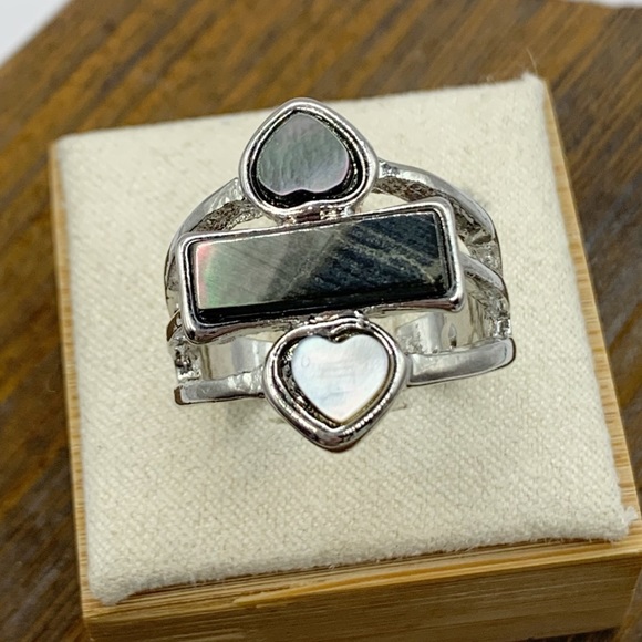 Abalone double heart ring silver tone NEW sz 8 - Picture 1 of 7
